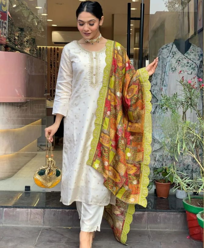 Kalaai Designer Off White Chanderi Printed Kurti With Bottom Dupatta Wholesale Online
